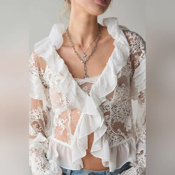 For Love & Lemons Holiday Lace Blouse (SAMPLE) Silk Top S Romantic Sheer Lace - Picture 2 of 16